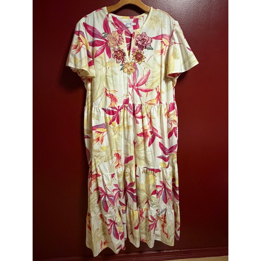 Chicos Tiered Maxi Dress Size XXL Floral Appliqué Pink Yellow Tropical Beach